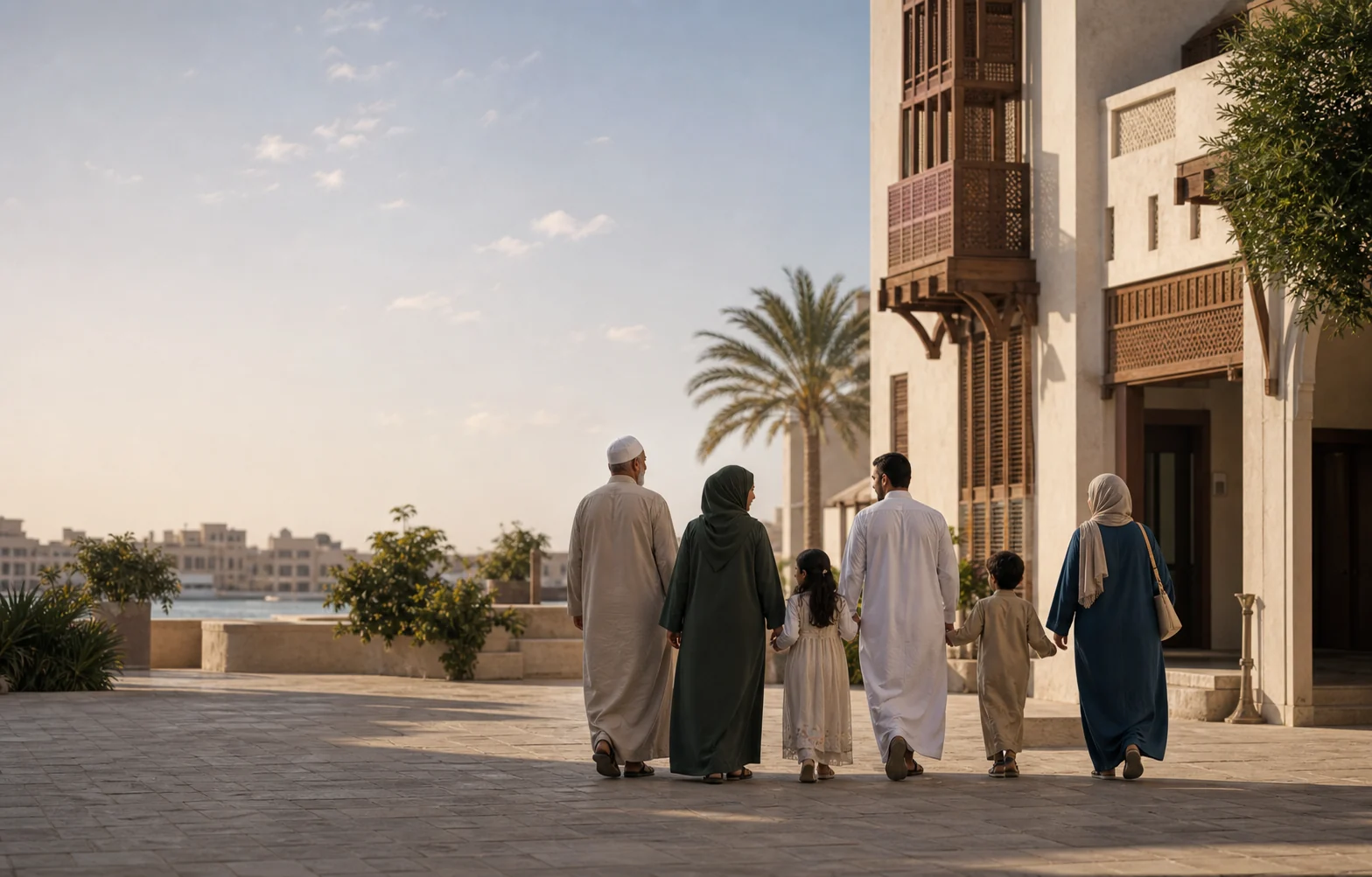 Family walking together in a Jeddah courtyard