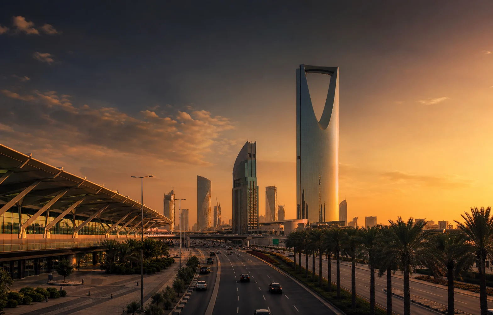 Riyadh skyline and arrival road at golden hour