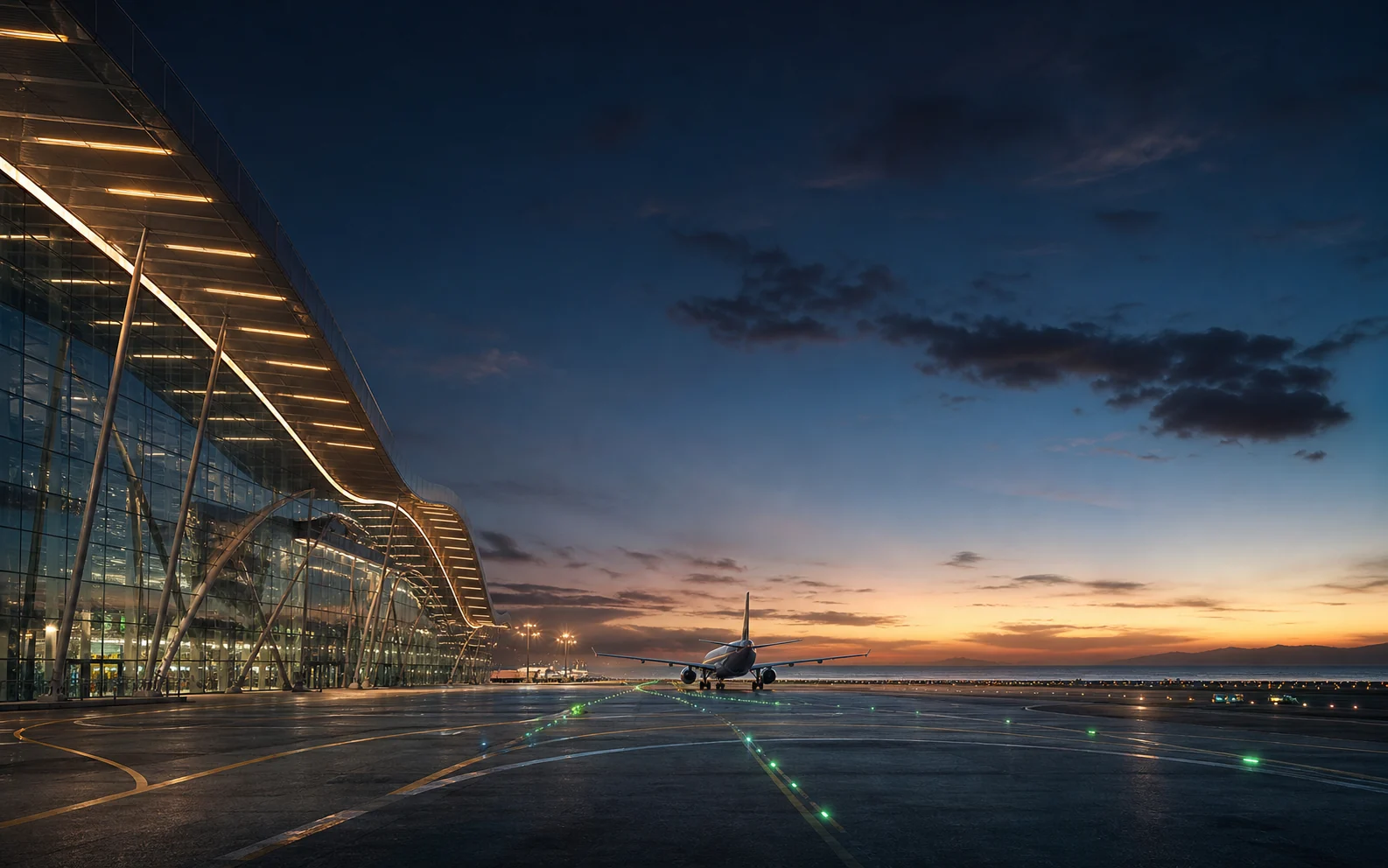 Modern Jeddah airport terminal and aircraft at twilight